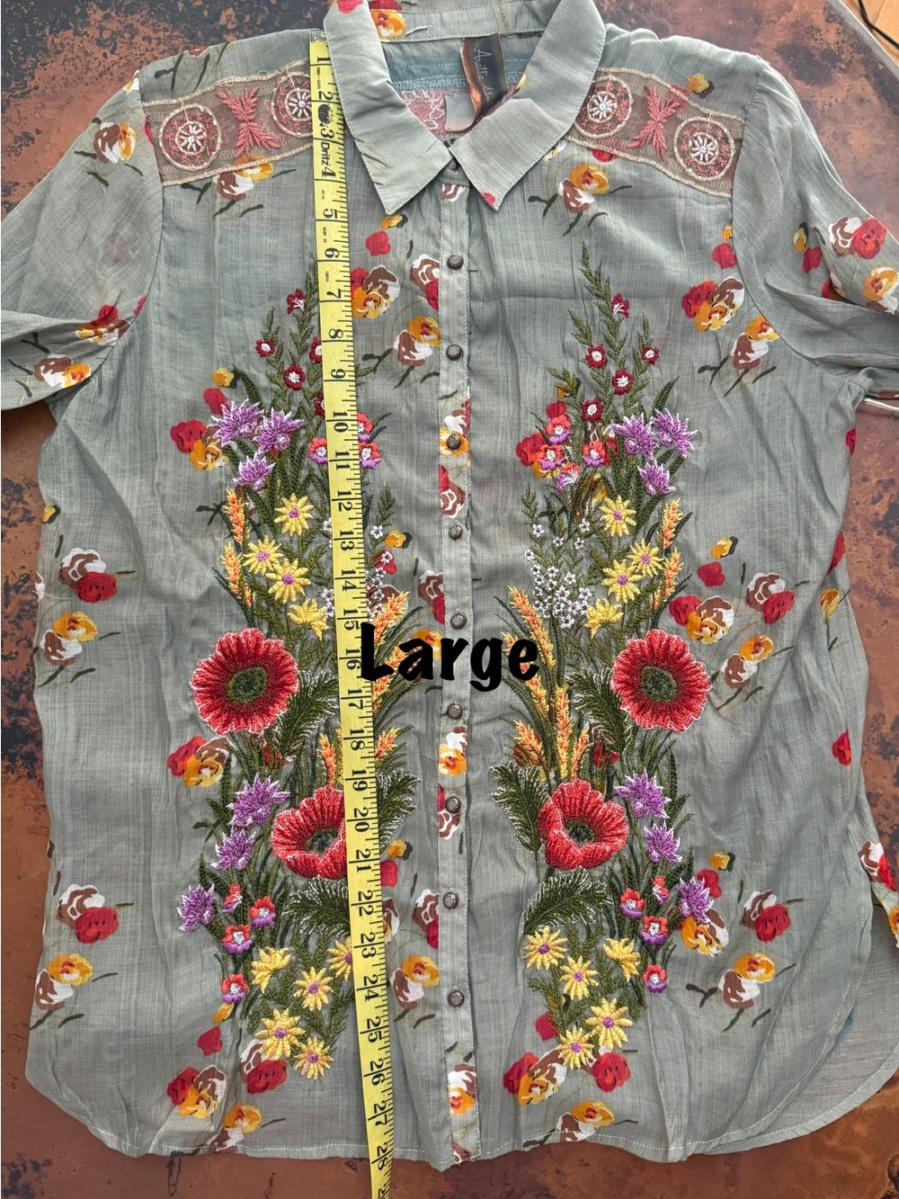 Aratta Mia Grace Floral Embroidered Olive Fall Blouse NWT #cottagecore - Picture 12 of 13